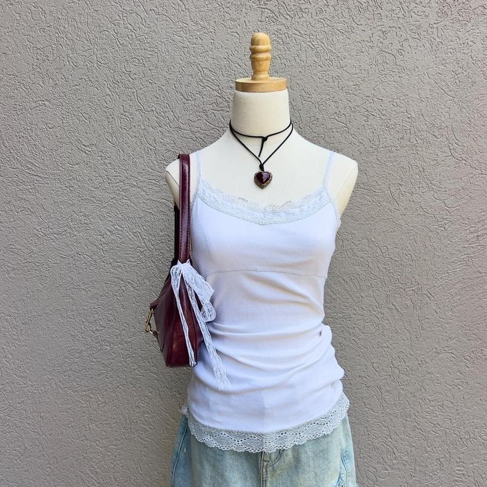 Justice White Lace Trim Cami Tank Top Size Girls 16 / Fits Womens XS Layering